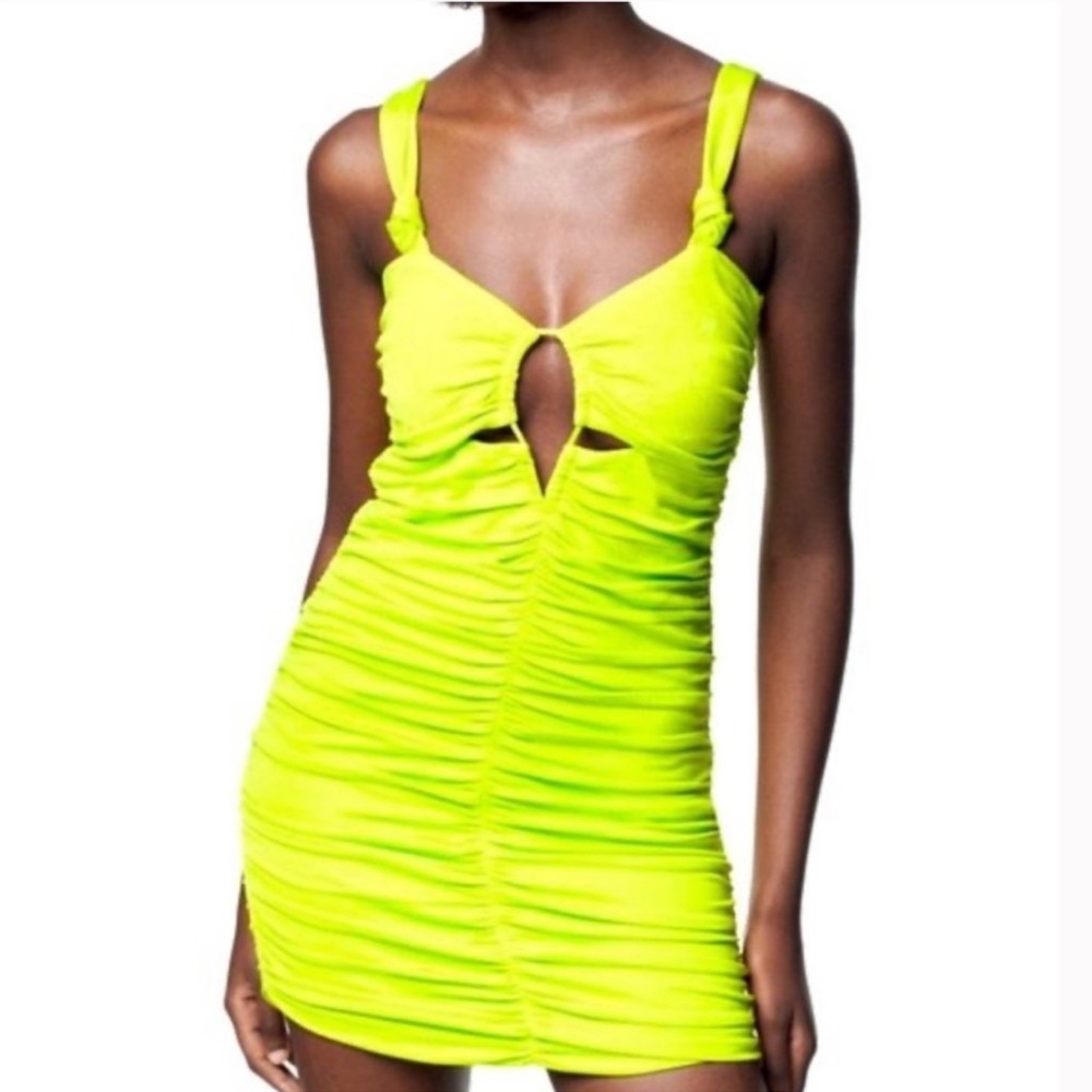 Zara Mini Dress Bodycon Ruched Size S NWT Lime Fluro Brights